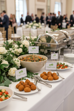Vegetarian food display signs on dishes at wedding buffet table