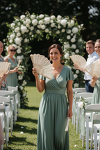 Wedding guest using ivory hand fan at outdoor summer wedding ceremony