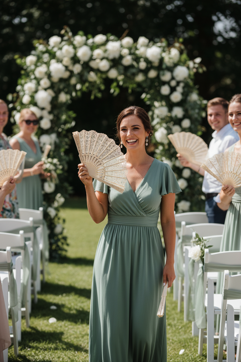 Wedding guest using ivory hand fan at outdoor summer wedding ceremony