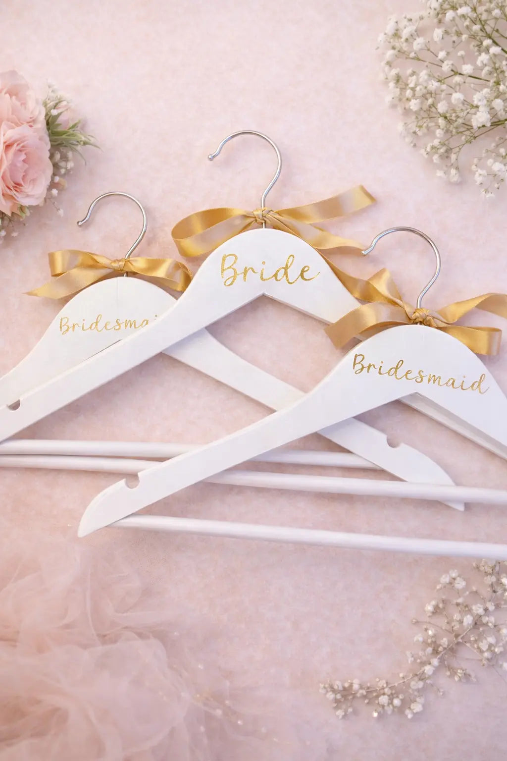 Bridesmaid Hangers Set of 3 | Wooden with Gold Ribbon Box & Party Co. Bridesmaid Hangers Set of 3 | Wooden with Gold Ribbon Box & Party Co.