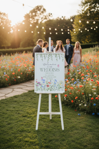 Wildflower wedding welcome print at garden wedding with guests